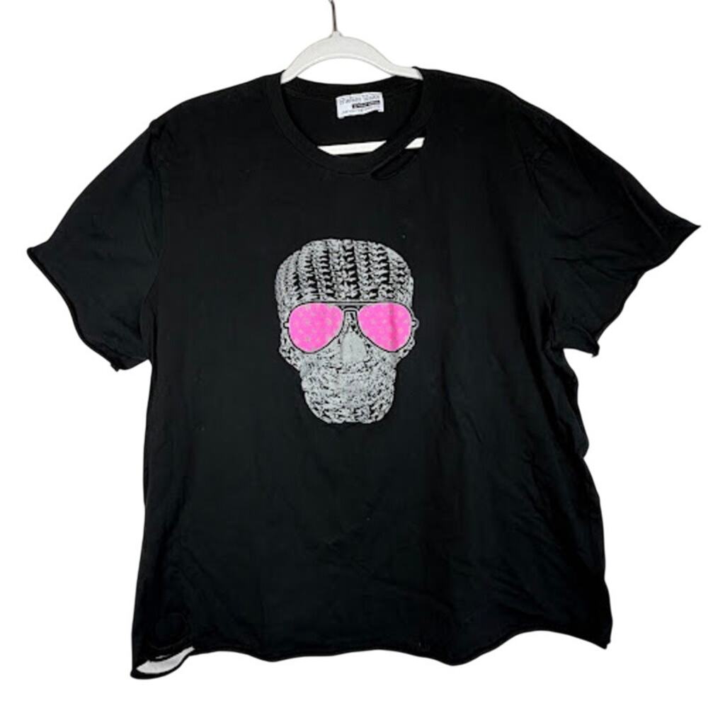 Chelsey Blake Skull T-Shirt Pink Shades‎ Distressed Black Graphic Tee Women's L